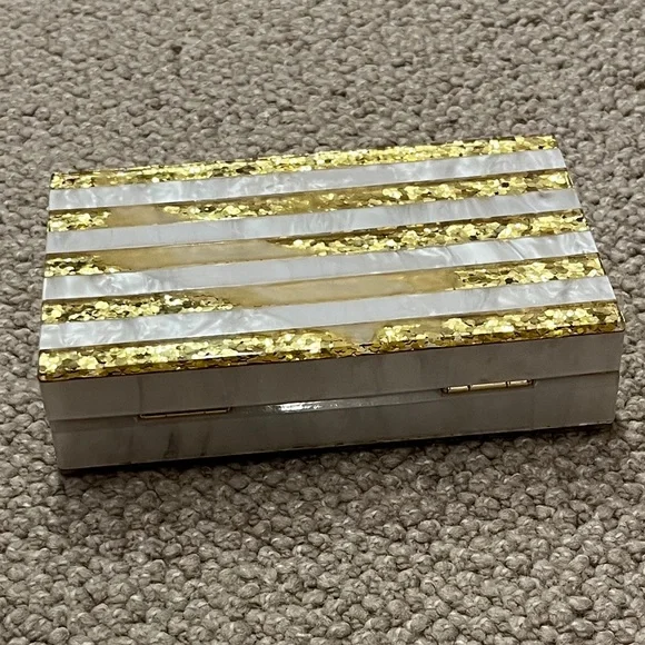 Gold and White Striped Clutch w/Gold Crossbody Chain Strap from Like Dreams - Picture 10 of 16